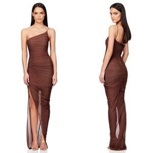 Nookie Mecca Dress One Shoulder Ruched Mesh Overlay Maxi Gown Chocolate Brown L